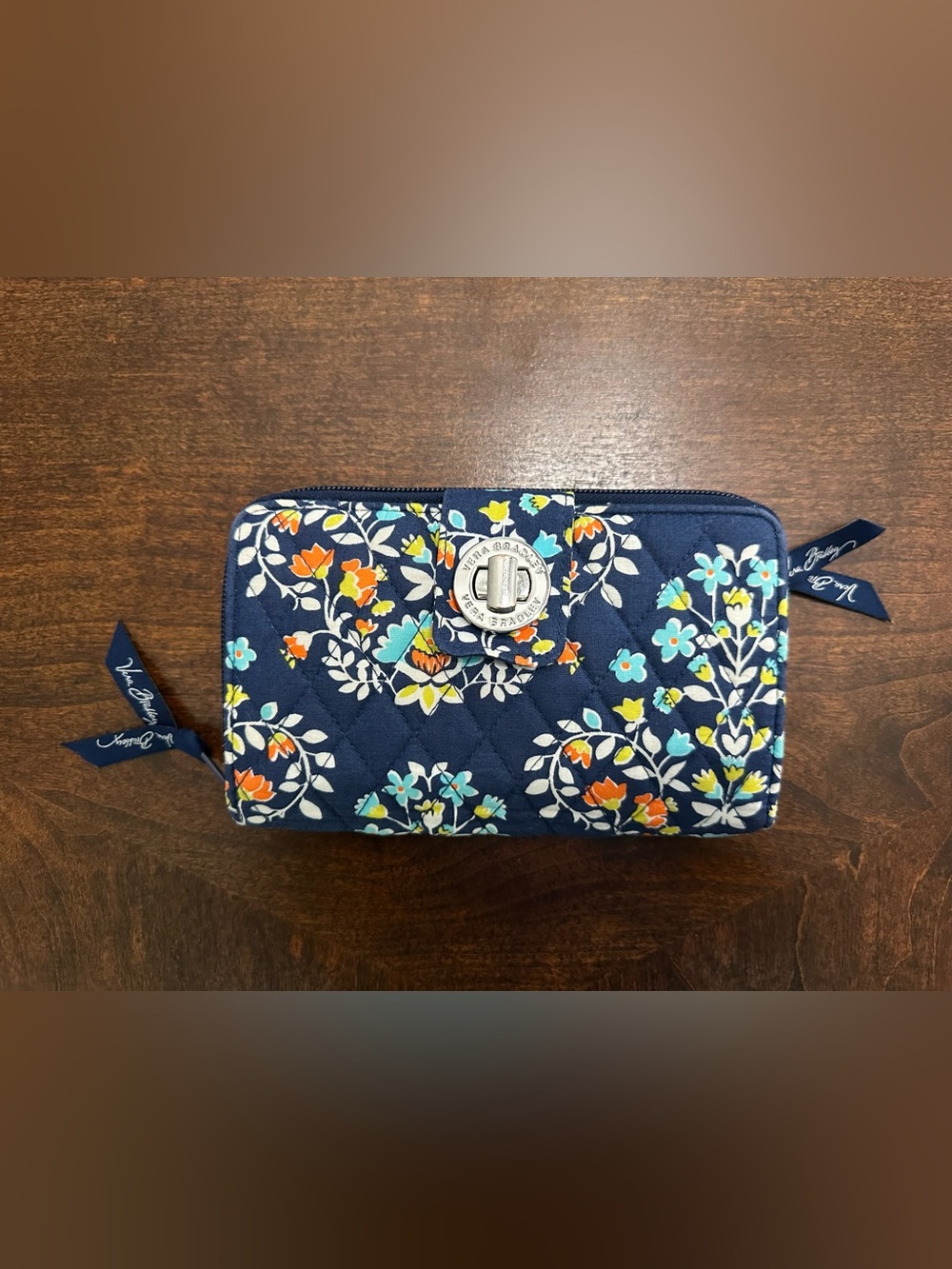 Vera Bradley Navy Floral Quilted Zip-Around Wallet with Turn-Lock